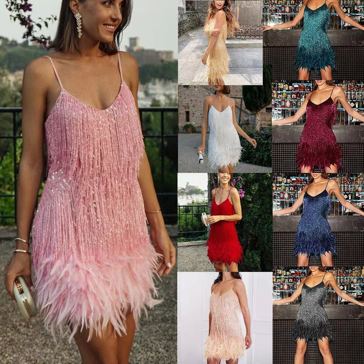 Women V Neck Spaghetti Strap Stitching Dresses