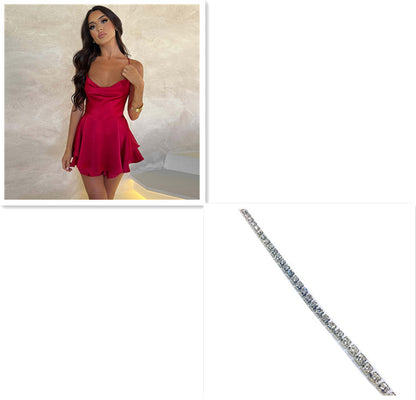 Elegant Slim Strap Satin Backless Lace Up A-Line Short Dress