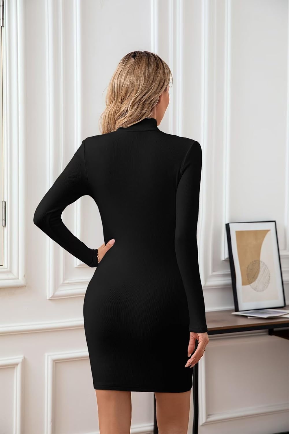 VICHYIE Women Mock Neck Ribbed Bodycon Dress Long Sleeve Mini Pencil Dresses