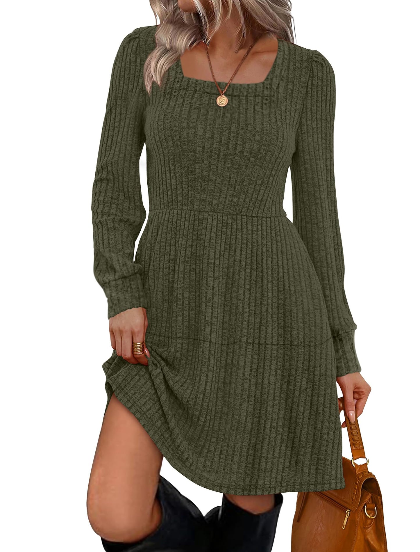 Sampeel Womens Square Neck Long Sleeve Fall Dresses Casual Babydoll Sweater Dress