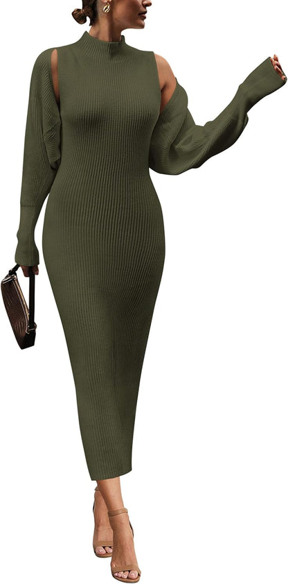 PRETTYGARDEN Women's Fall 2 Piece Outfits Knit Long Sleeve Cropped Cardigan Pullover Sweater Maxi Dress Sets Winter Clothing
