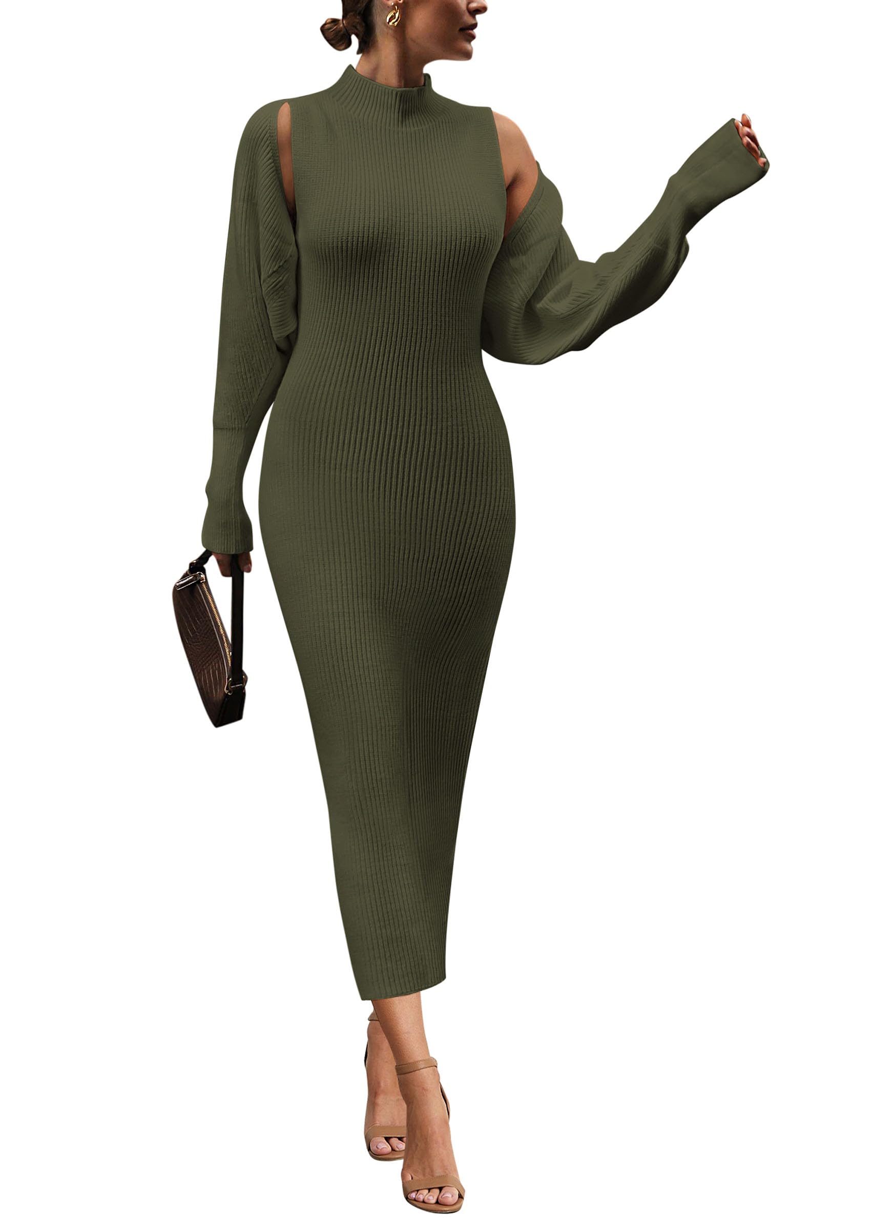 PRETTYGARDEN Women's Fall 2 Piece Outfits Knit Long Sleeve Cropped Cardigan Pullover Sweater Maxi Dress Sets Winter Clothing