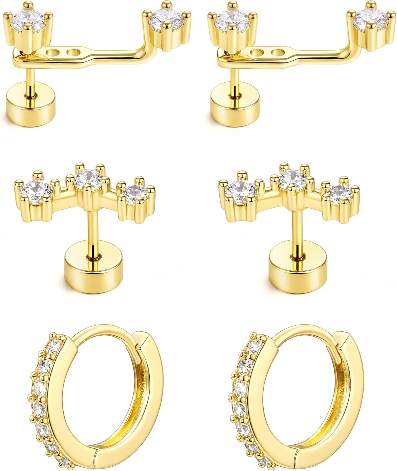 3 Pairs Gold Plated Hypoallergenic Trendy Earrings