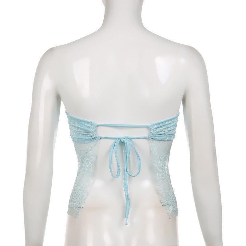 Bow Lace Tube Top Sexy Backless Lace-up Dopamine