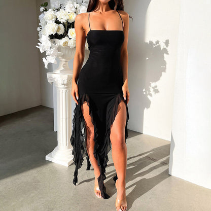 Sexy Suspender Tight Slim Skirt Fashion Split Ruffle Design Dress