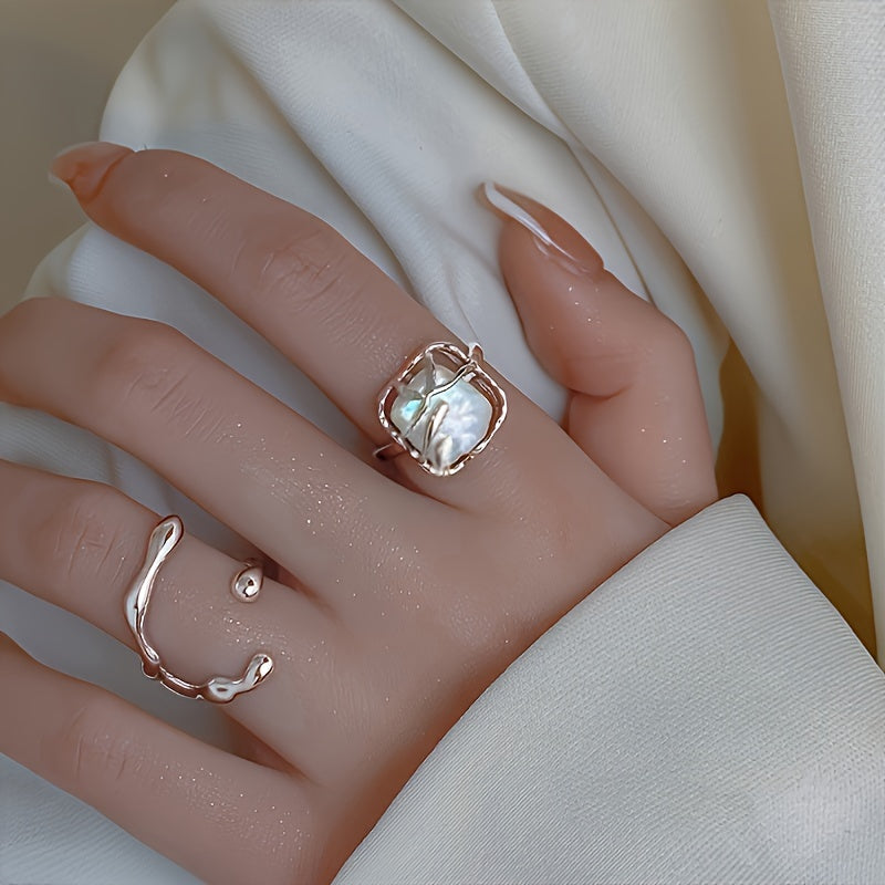 Elegant 2pcs Adjustable Faux Pearl Ring Set