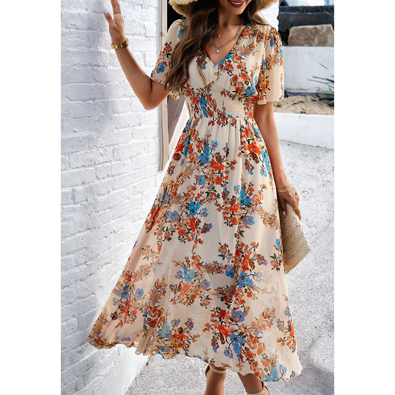 Womens Floral Puff Sleeve Boho Midi Dress
