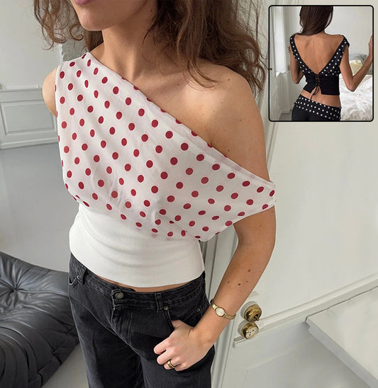 Polka Dots Print Oblique Shoulder Tops Summer Patchwork Chiffon Crop Top