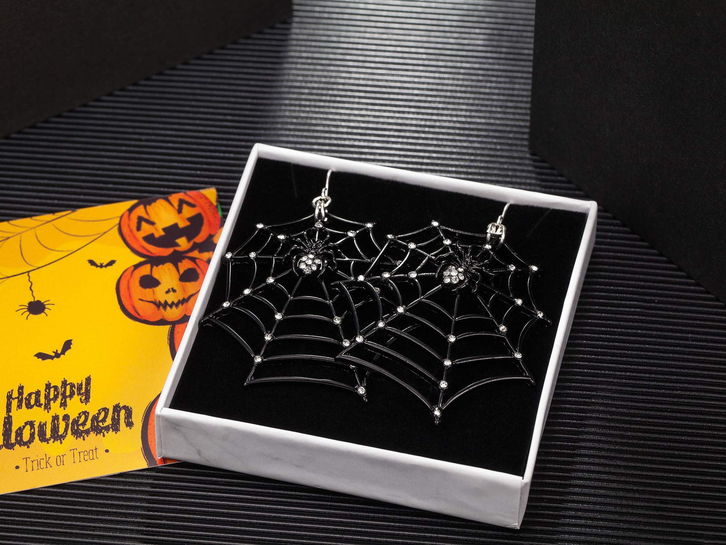 Spider Web Dangle Earrings – Black Rhinestone Halloween Jewelry
