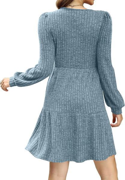 Sampeel Womens Square Neck Long Sleeve Fall Dresses Casual Babydoll Sweater Dress