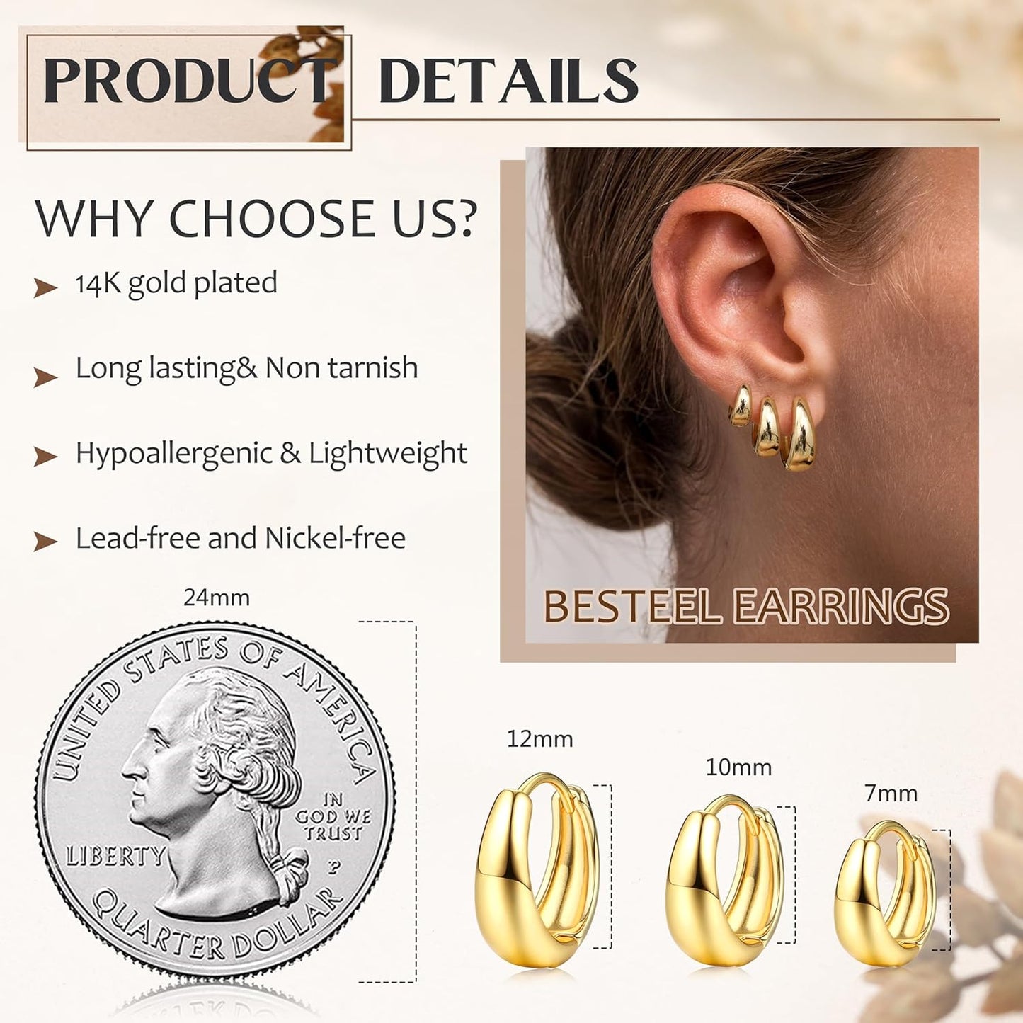 BESTEEL 3Pairs 14K Gold Plated Hoop Earrings Set