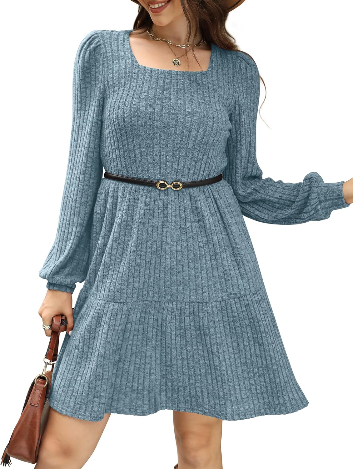 Sampeel Womens Square Neck Long Sleeve Fall Dresses Casual Babydoll Sweater Dress
