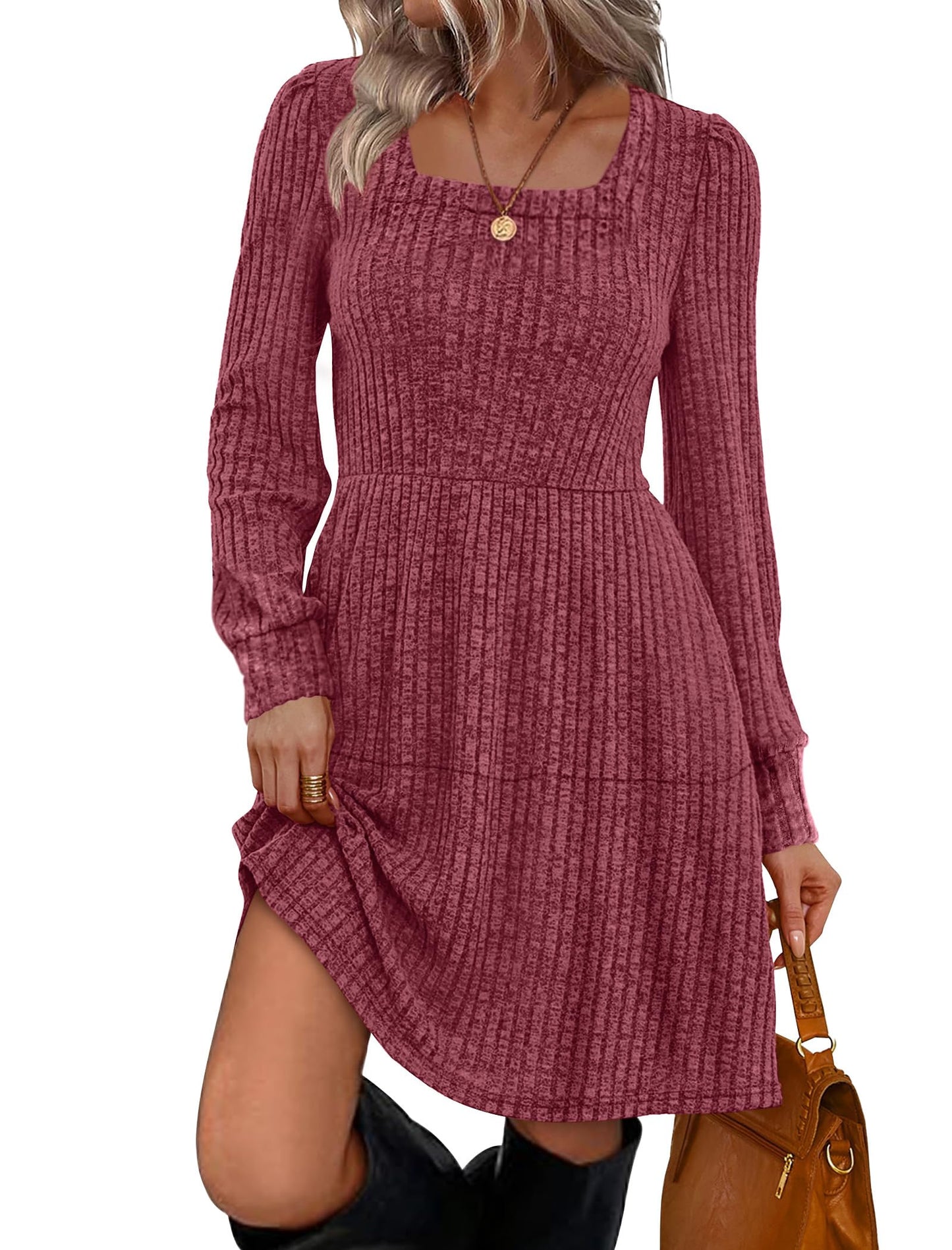 Sampeel Womens Square Neck Long Sleeve Fall Dresses Casual Babydoll Sweater Dress
