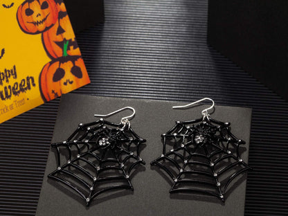 Spider Web Dangle Earrings – Black Rhinestone Halloween Jewelry