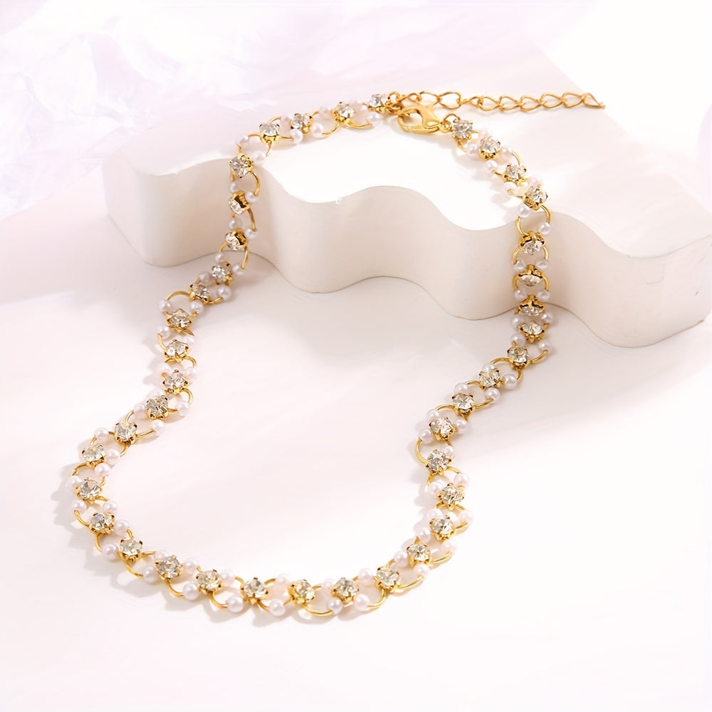 Unique Faux Pearl Inlaid Zirconia Choker Necklace