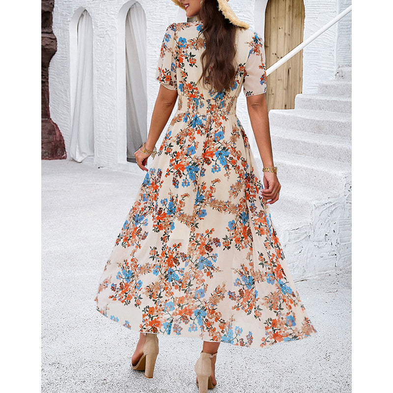 Womens Floral Puff Sleeve Boho Midi Dress