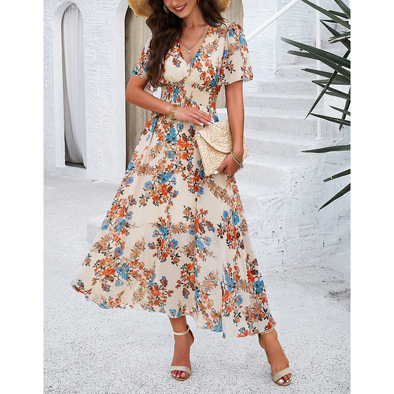 Womens Floral Puff Sleeve Boho Midi Dress