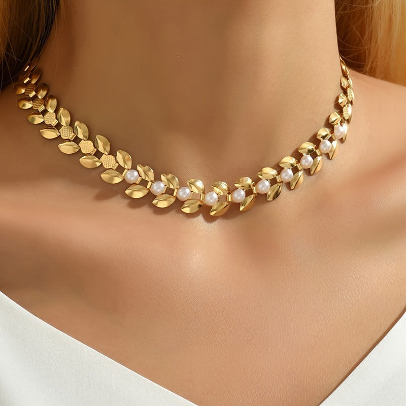 Pearl and Leave Wheat Spike Choker Necklace for Women