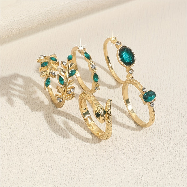 Elegant Leaf & Snake Design Rhinestone Stacking Rings Set