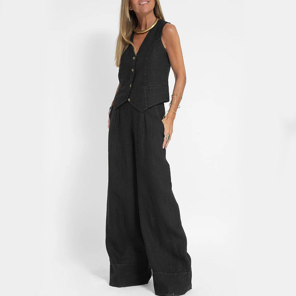 Summer Vest Suits V-neck Bottom Sleeveless Top And Loose Straight Trousers