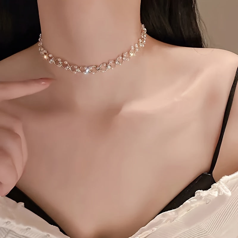 Modern and Sheer Style Pearl Rhinestone Chain Choker Necklace