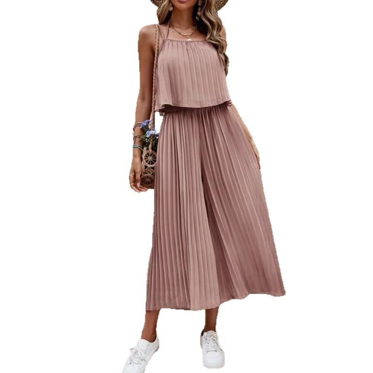 One-Piece Outfit Beach Style Striped Wide Leg Trousers Casual Suit