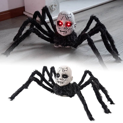 Halloween Animatronic Doll Face Spider Motion Activated Glowing Eyes Sound Control Scary Walking Toy Haunted House Prop