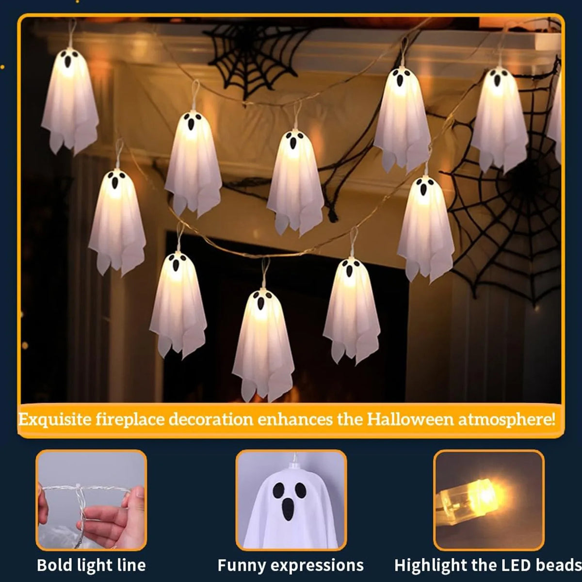 Ghost Halloween Lights, 8 Modes Waterproof String Garland, Indoor Outdoor Decorations for Party, Haunted House, Fireplace, Porch