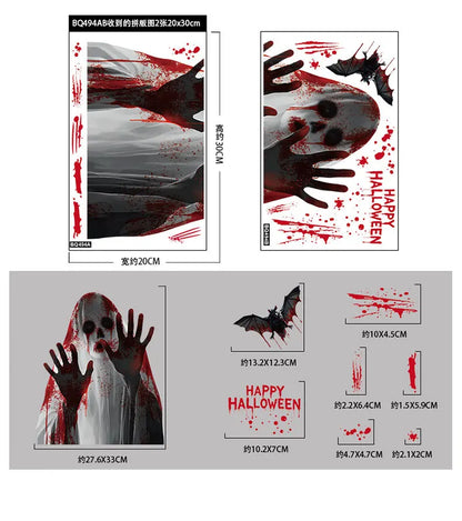 Halloween Static Cling Stickers Scary Ghost Woman Bloody Handprint Window Decals Spooky Party Home Decor Horror Decorations