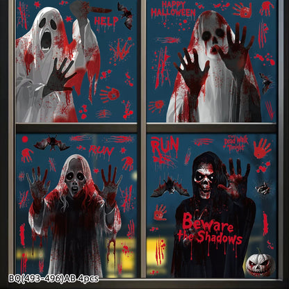 Halloween Static Cling Stickers Scary Ghost Woman Bloody Handprint Window Decals Spooky Party Home Decor Horror Decorations