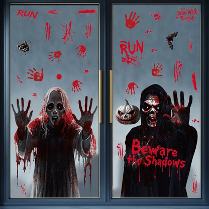 Halloween Static Cling Stickers Scary Ghost Woman Bloody Handprint Window Decals Spooky Party Home Decor Horror Decorations