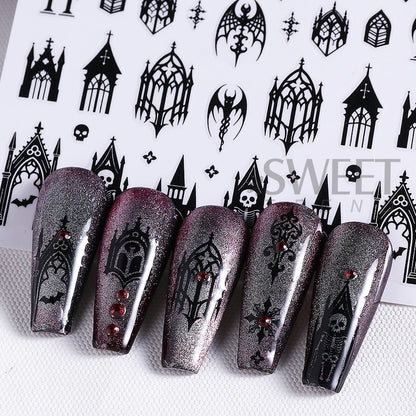 5pcs Gothic Black Nail Stickers Elegant Wedding Laced Designs Halloween Castle Skull Wings Adhesive Foils Sliders Manicure Decor
