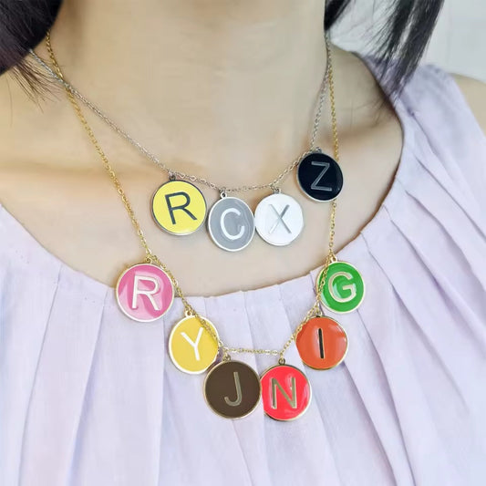 20mm Disc Initial Letter Charm Personalized Enamel Necklace