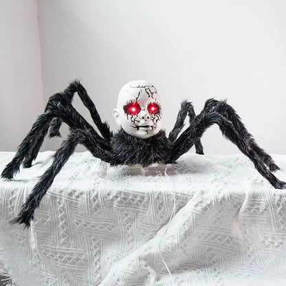 Halloween Animatronic Doll Face Spider Motion Activated Glowing Eyes Sound Control Scary Walking Toy Haunted House Prop