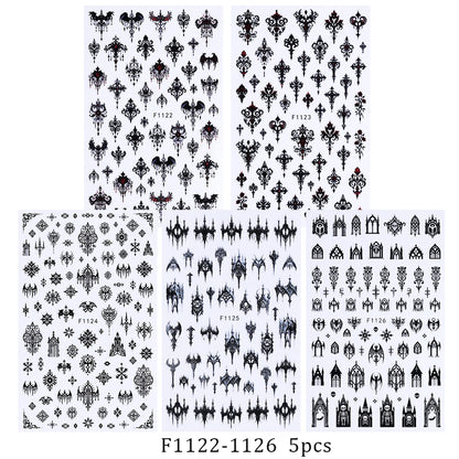 5pcs Gothic Black Nail Stickers Elegant Wedding Laced Designs Halloween Castle Skull Wings Adhesive Foils Sliders Manicure Decor