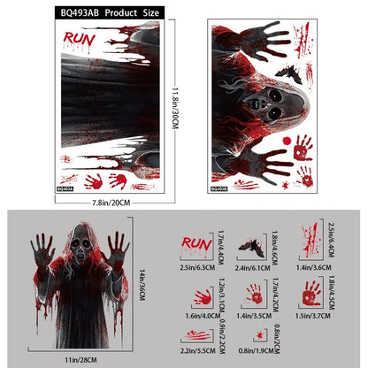 Halloween Static Cling Stickers Scary Ghost Woman Bloody Handprint Window Decals Spooky Party Home Decor Horror Decorations