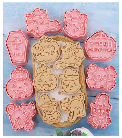 Halloween Cookies Cutters Cartoon Pumpkin Pressable Biscuit Mold Plastic Confectionery Fondant Cookie Stamp Baking Pastry Tools