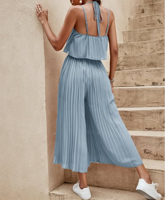 One-Piece Outfit Beach Style Striped Wide Leg Trousers Casual Suit