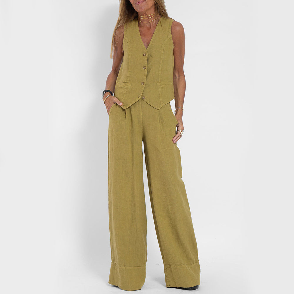 Summer Vest Suits V-neck Bottom Sleeveless Top And Loose Straight Trousers