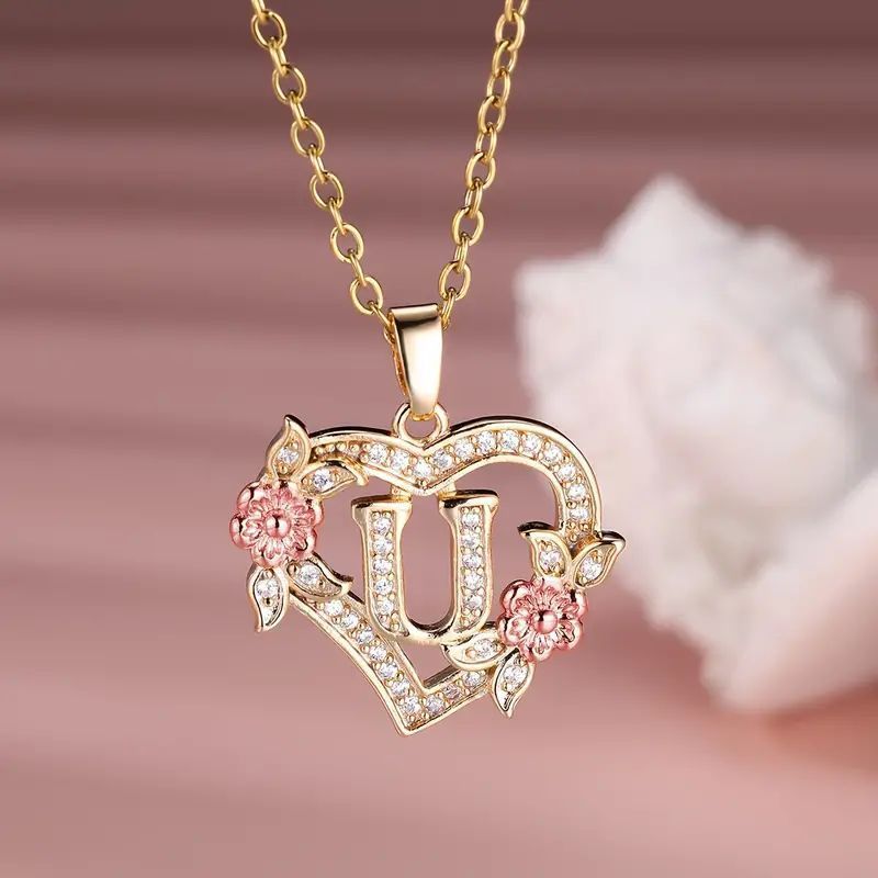 Fashion Hollowed-out Love Heart Flowers Letter Necklace