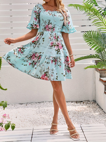 Floral Shirred Waist Square Neck Dress