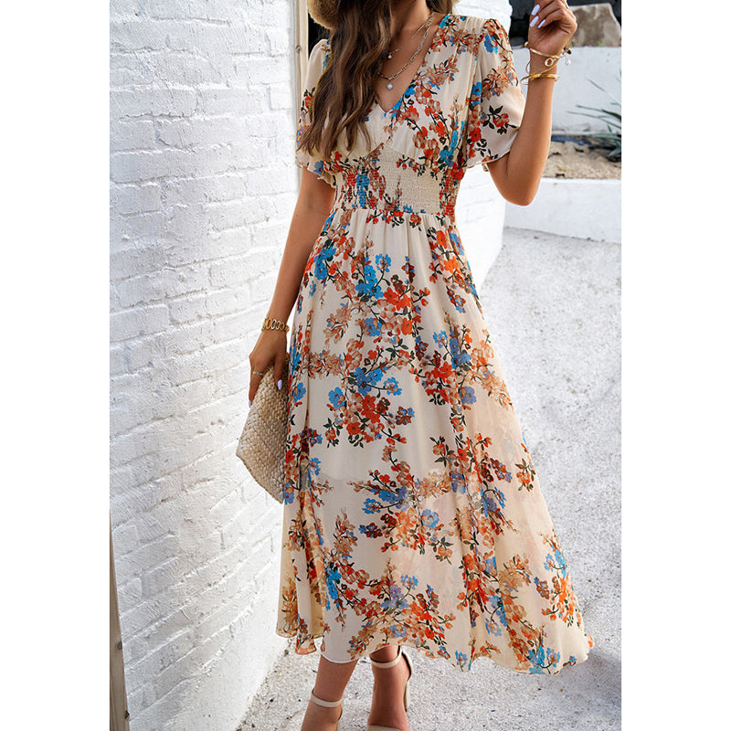 Womens Floral Puff Sleeve Boho Midi Dress