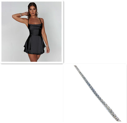 Elegant Slim Strap Satin Backless Lace Up A-Line Short Dress
