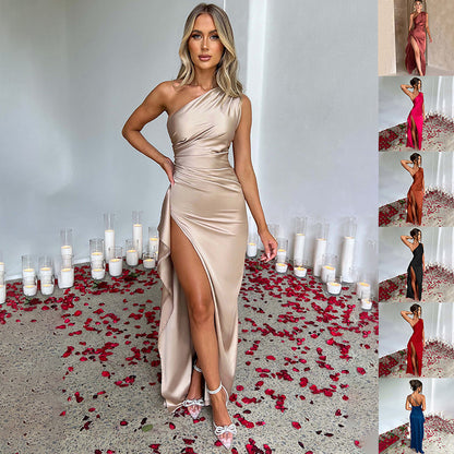 Summer Elegant Slim-fit Solid Color Satin Dresses For Women