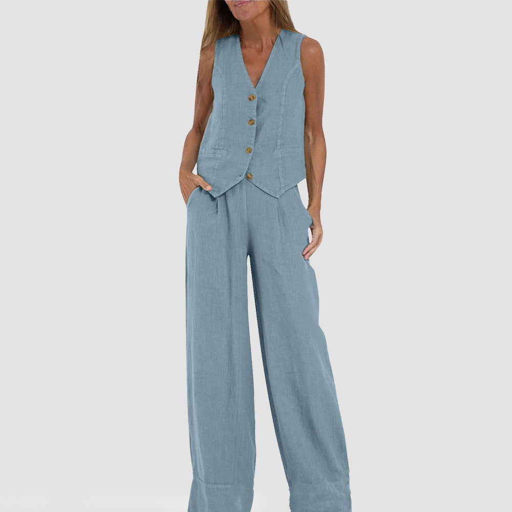 Summer Vest Suits V-neck Bottom Sleeveless Top And Loose Straight Trousers