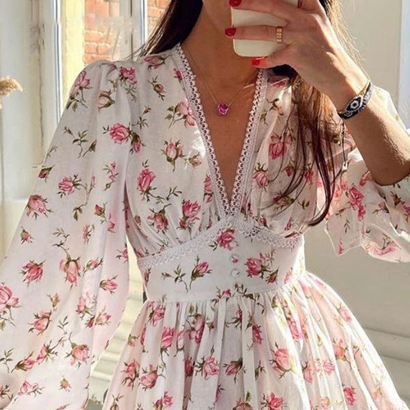 Womens Floral Puff Sleeve Mini Dress