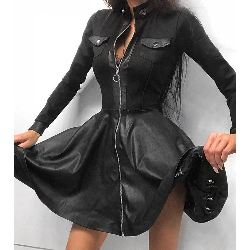Womens PU Leather Long Sleeve Mini Party Dress