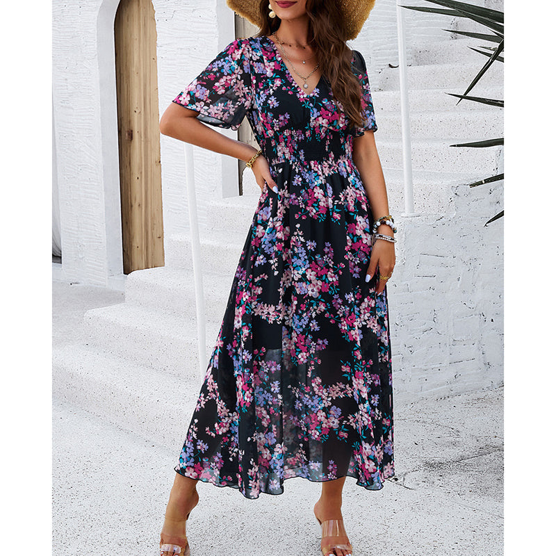 Womens Floral Puff Sleeve Boho Midi Dress