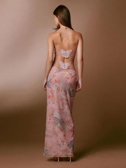Floral Print Halter Spaghetti Straps Dress