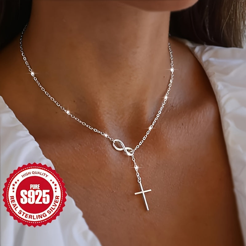 Pure Sterling Silver Infinity Lucky 8 Cross Pendant Necklace